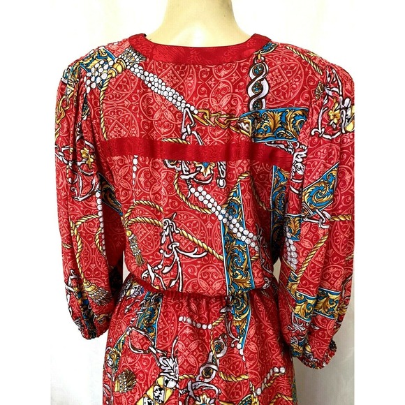 Diane Freis Silk Midi Dress Red Pearl Print 3/4 Sleeve V Neck Elastic Wa… - Picture 6 of 7
